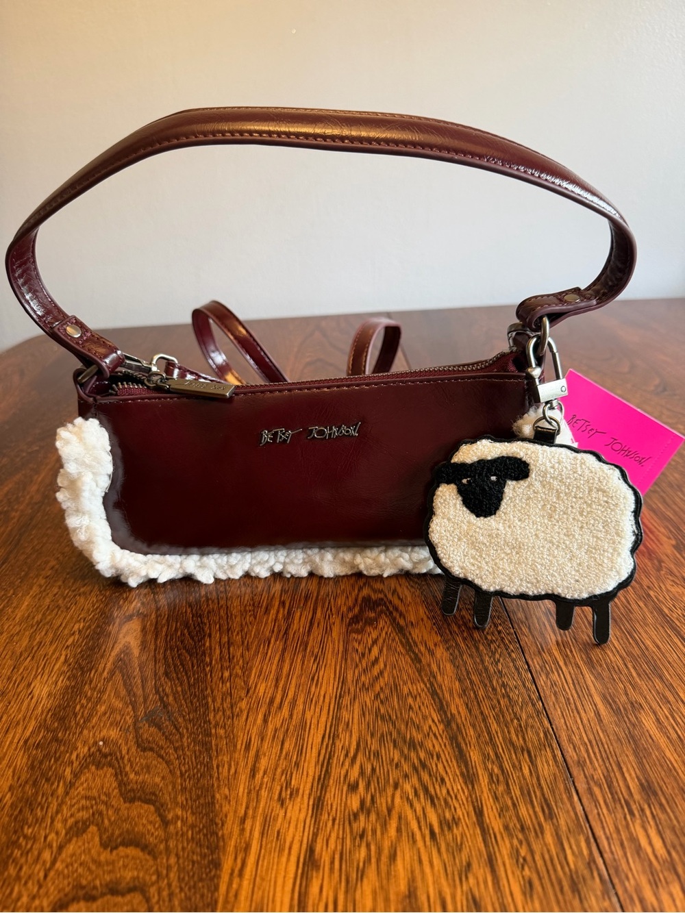 Betsey’s Shoulder/Crossbody With White Shearling Trim & Adorable Sheep Charm